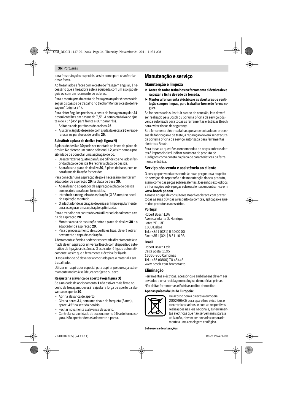 Manutenção e serviço | Bosch GKF 600 Professional User Manual | Page 36 / 178