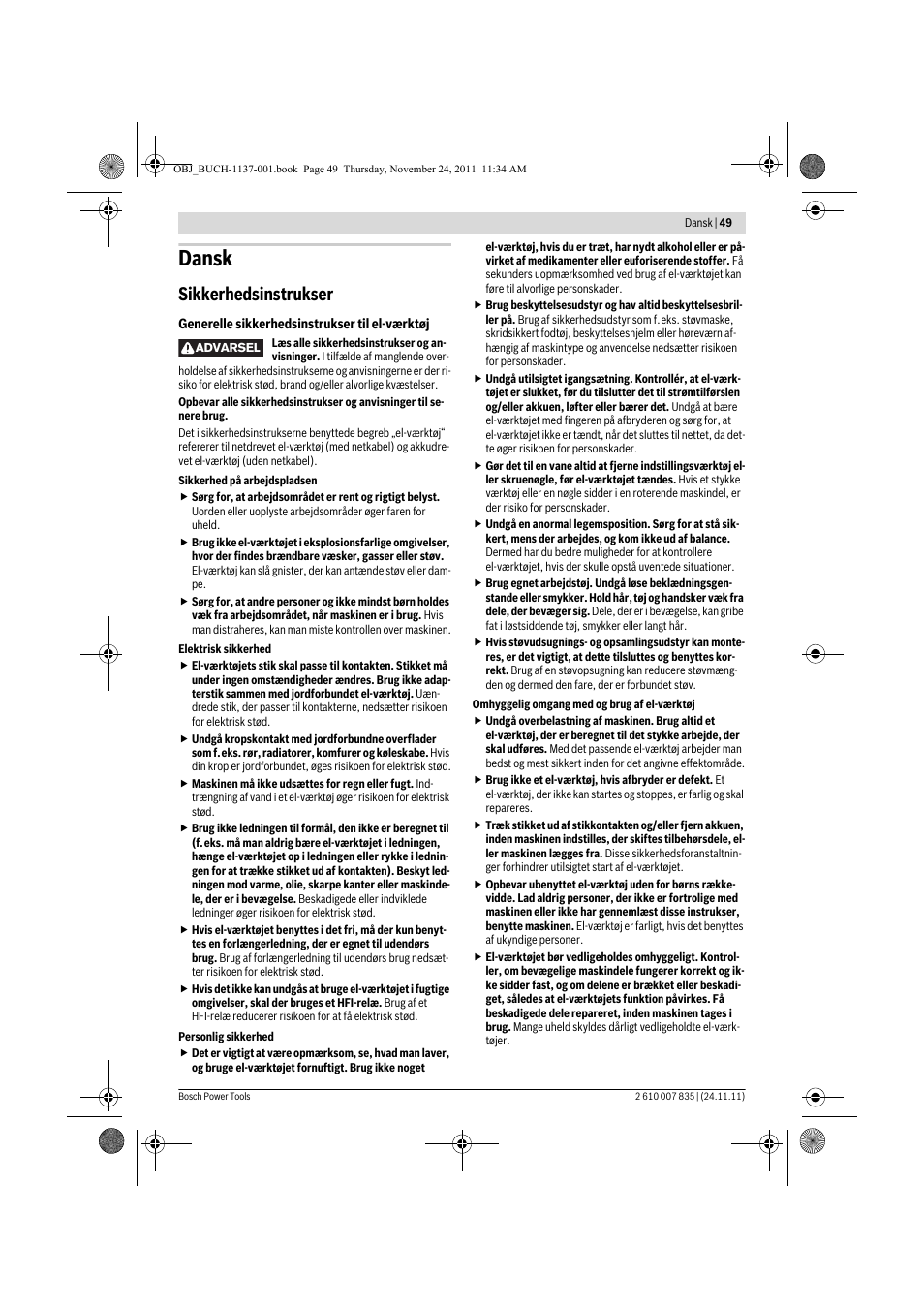 Dansk, Sikkerhedsinstrukser | Bosch GKF 600 Professional User Manual | Page 49 / 178