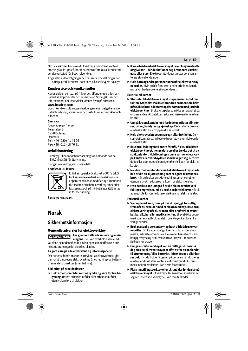 Norsk, Sikkerhetsinformasjon | Bosch GKF 600 Professional User Manual | Page 59 / 178