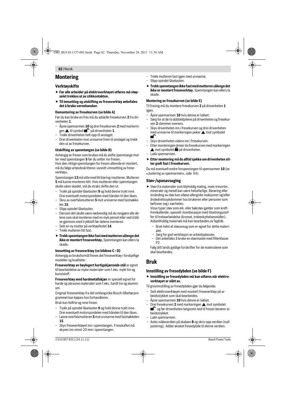 Montering, Bruk | Bosch GKF 600 Professional User Manual | Page 62 / 178