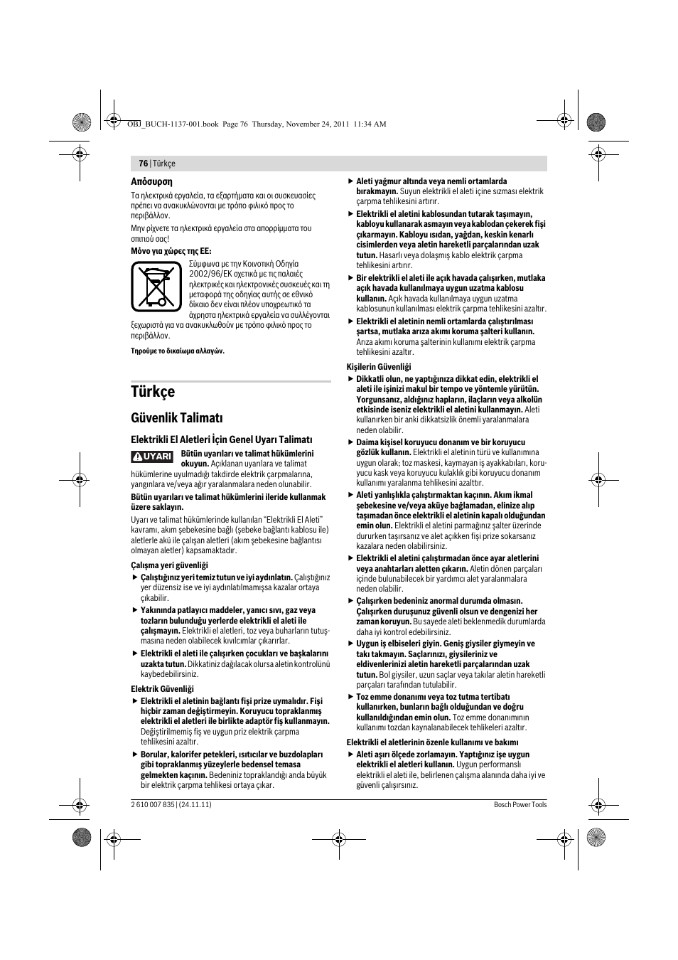 Türkçe, Güvenlik talimat | Bosch GKF 600 Professional User Manual | Page 76 / 178