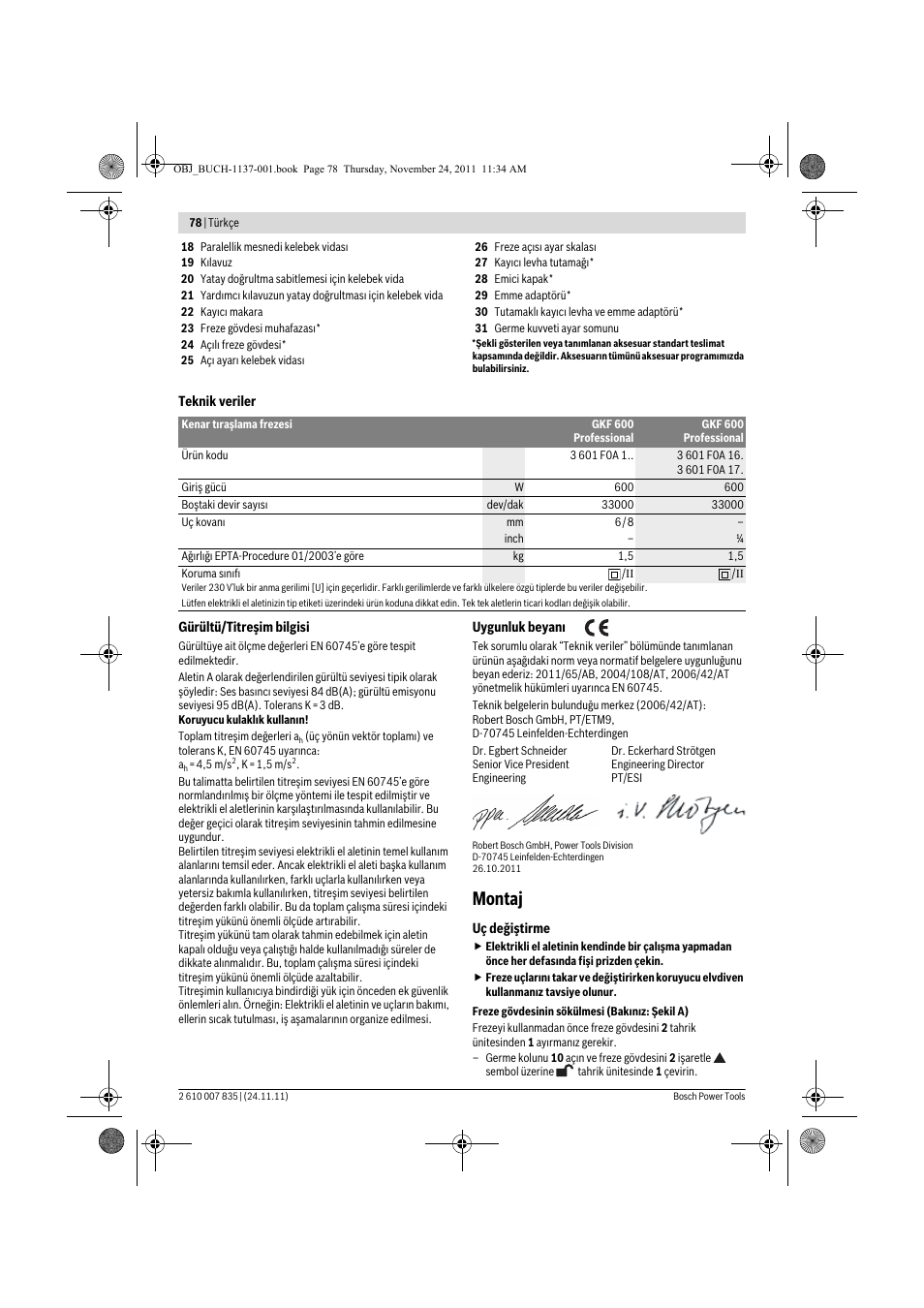 Montaj | Bosch GKF 600 Professional User Manual | Page 78 / 178