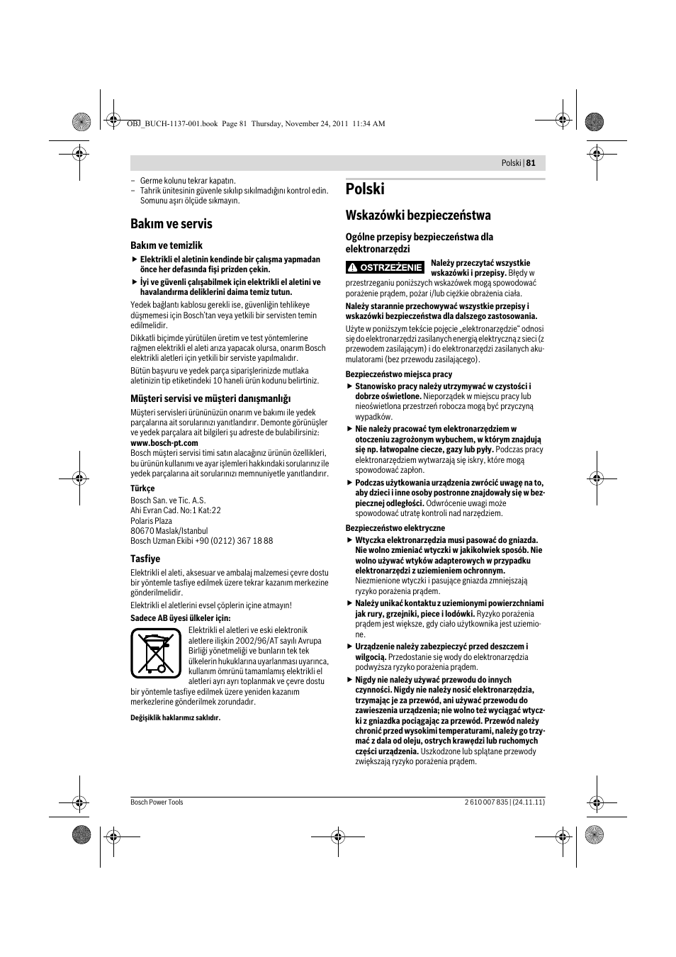 Polski, Bak m ve servis, Wskazówki bezpieczeństwa | Bosch GKF 600 Professional User Manual | Page 81 / 178