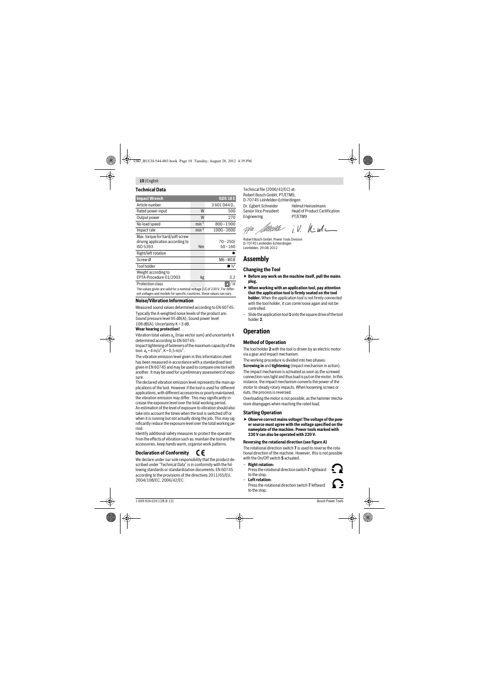 Assembly, Operation | Bosch GDS 18 E Professional User Manual | Page 10 / 131