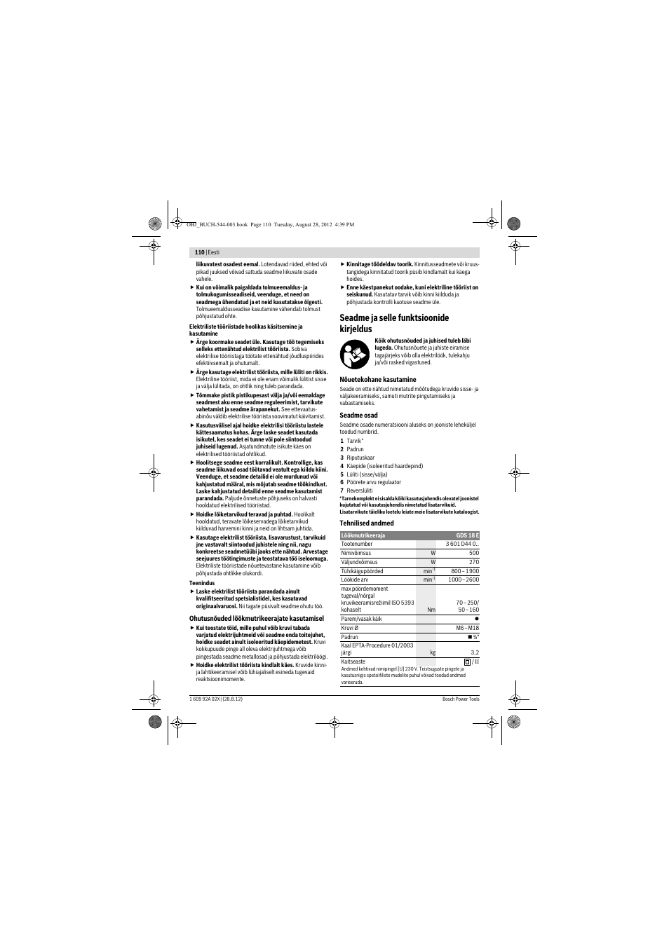 Seadme ja selle funktsioonide kirjeldus | Bosch GDS 18 E Professional User Manual | Page 110 / 131