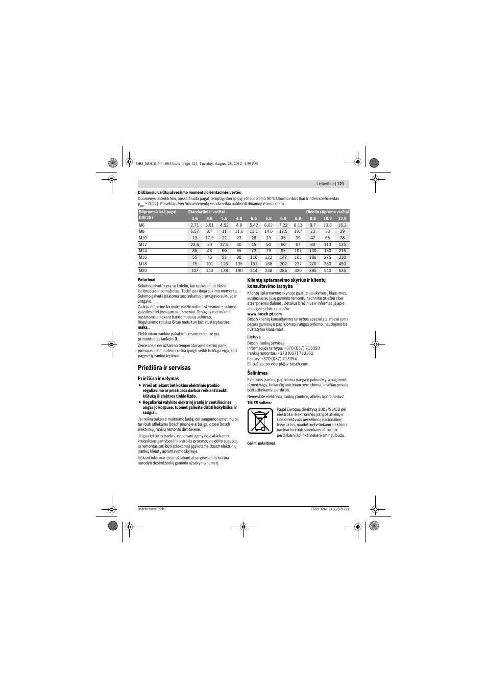 Priežiūra ir servisas | Bosch GDS 18 E Professional User Manual | Page 121 / 131