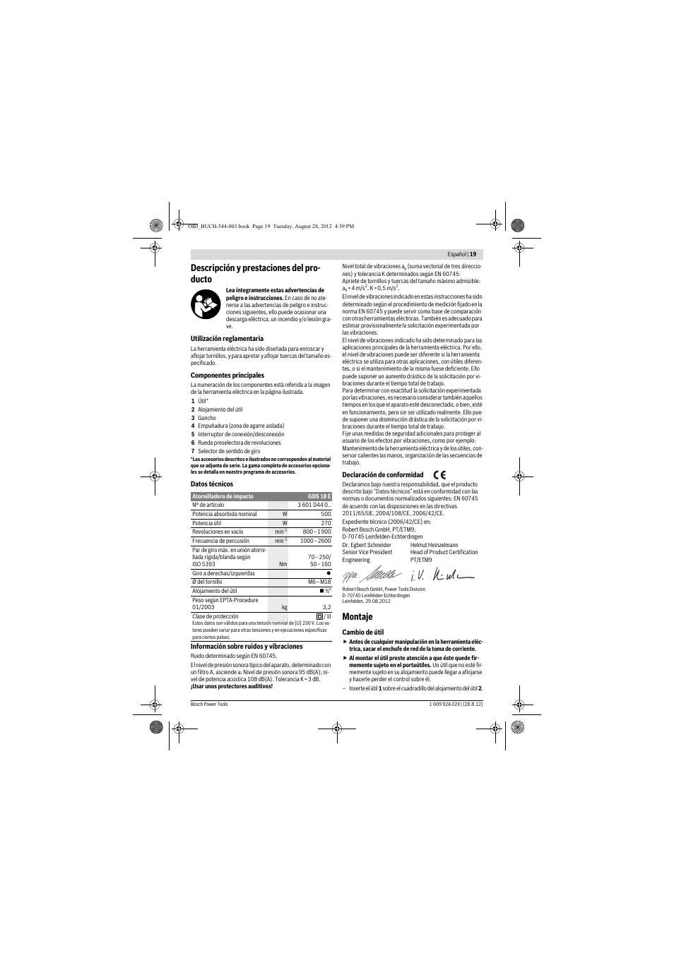 Descripción y prestaciones del pro- ducto, Montaje | Bosch GDS 18 E Professional User Manual | Page 19 / 131