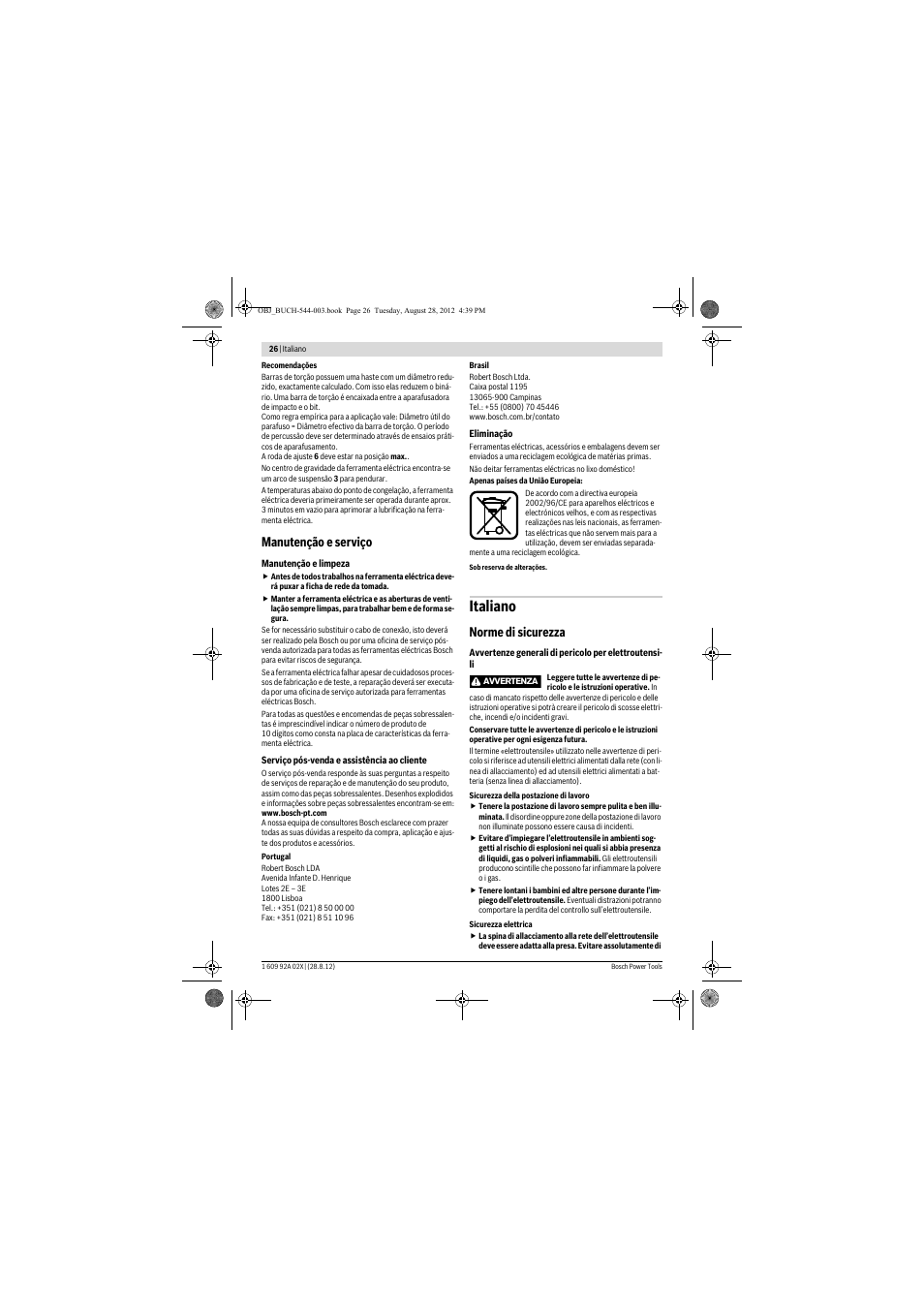 Italiano, Manutenção e serviço, Norme di sicurezza | Bosch GDS 18 E Professional User Manual | Page 26 / 131