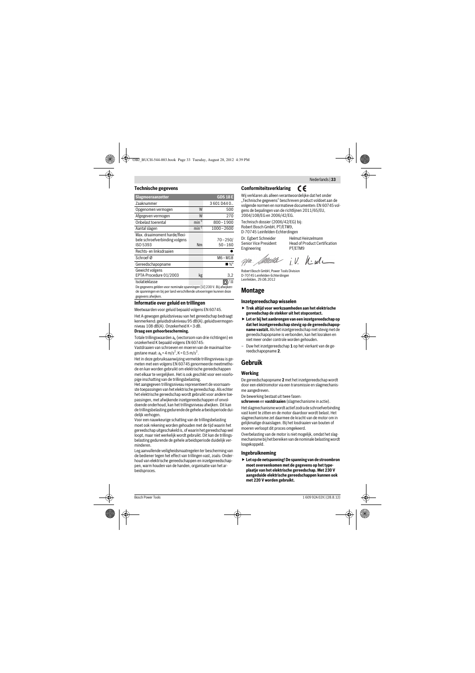 Montage, Gebruik | Bosch GDS 18 E Professional User Manual | Page 33 / 131