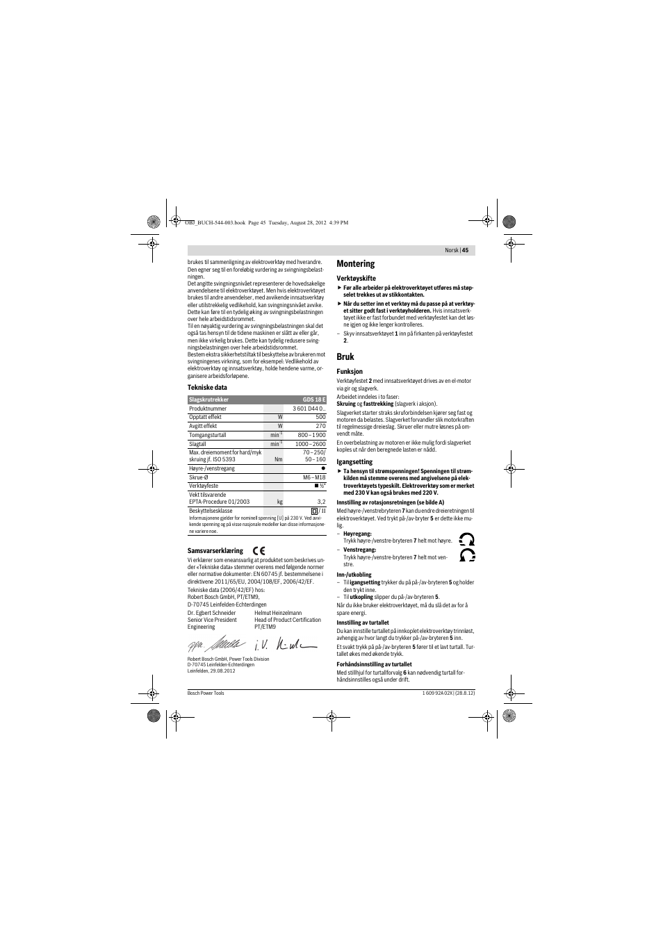 Montering, Bruk | Bosch GDS 18 E Professional User Manual | Page 45 / 131