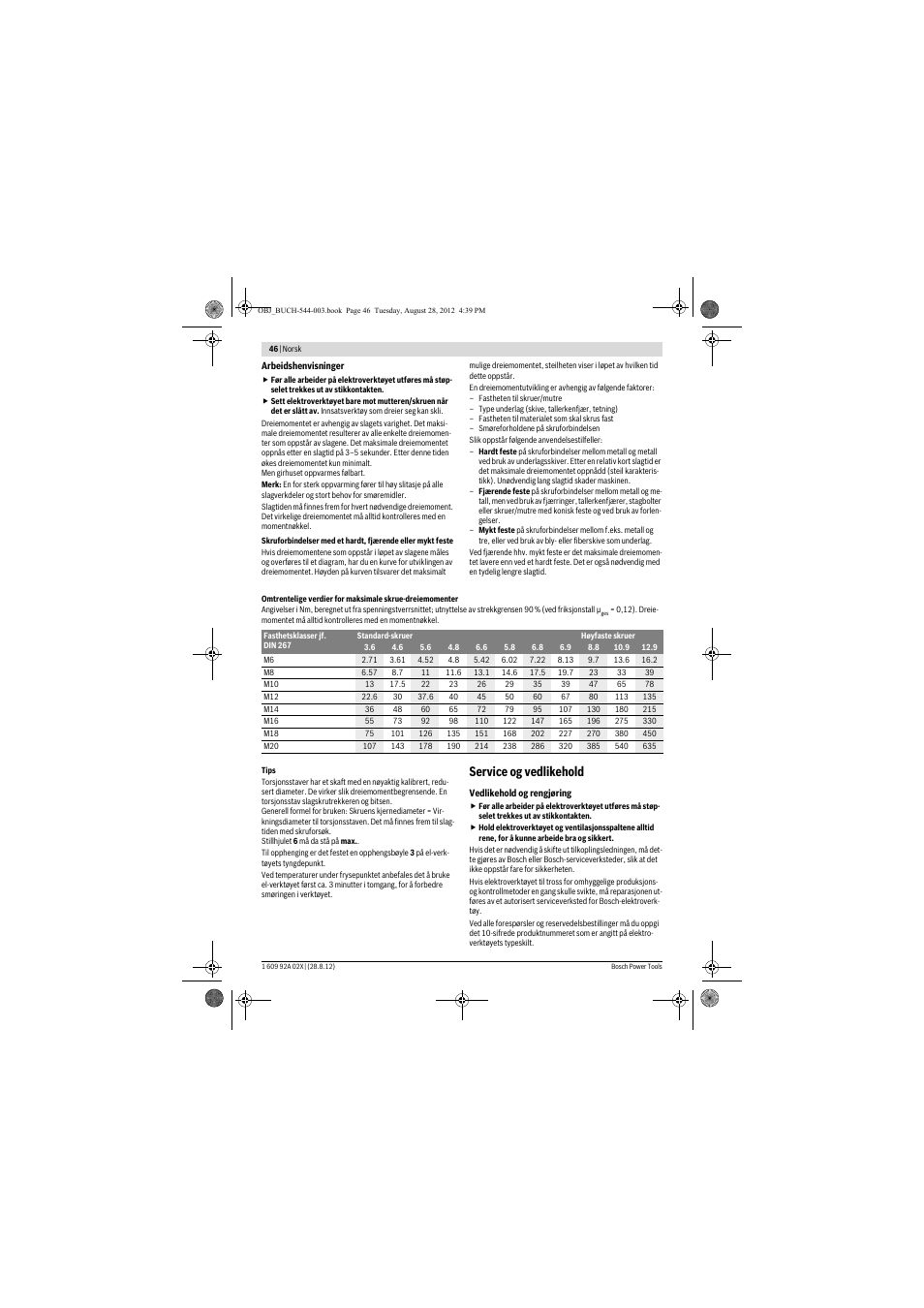 Service og vedlikehold | Bosch GDS 18 E Professional User Manual | Page 46 / 131