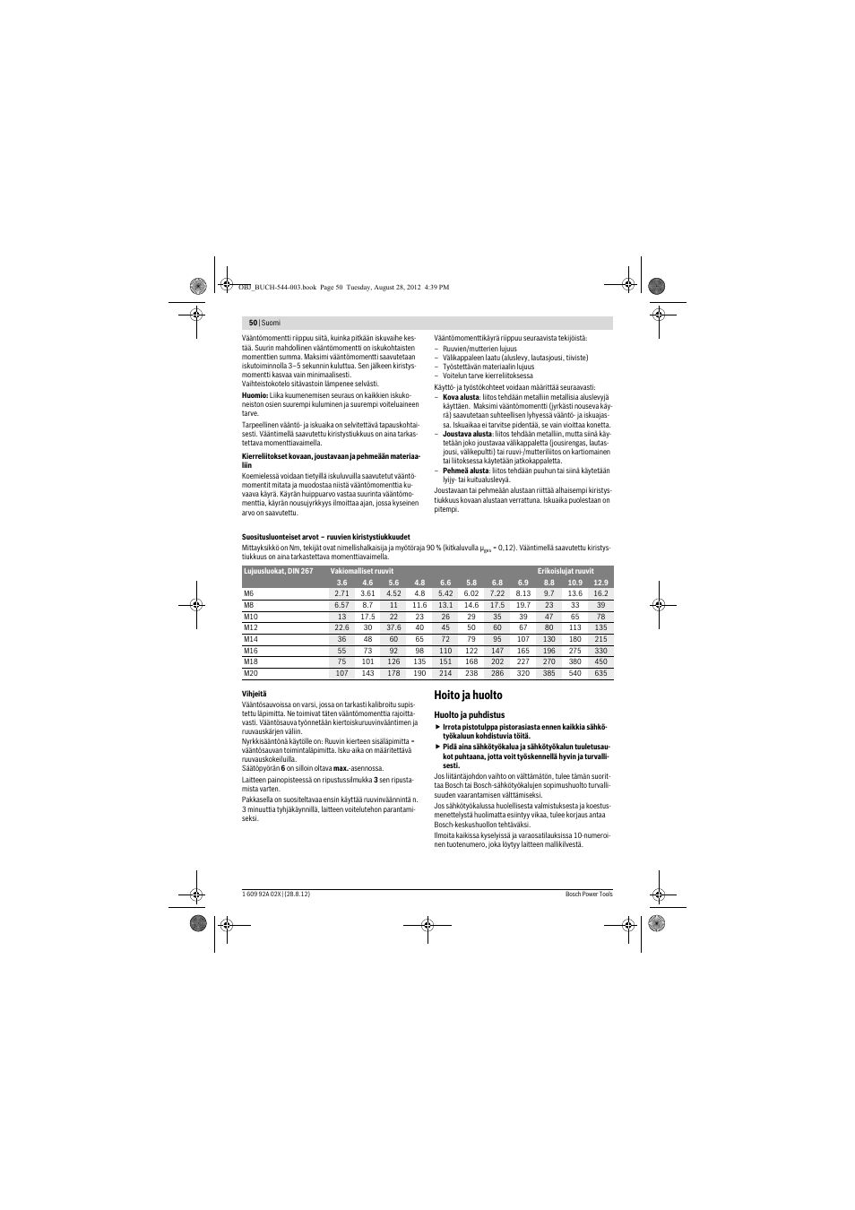 Hoito ja huolto | Bosch GDS 18 E Professional User Manual | Page 50 / 131