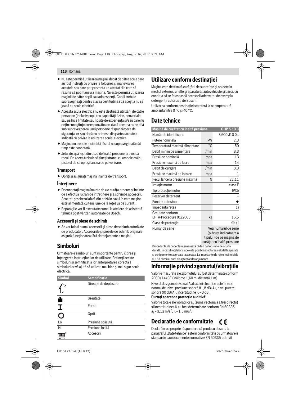 Simboluri, Utilizare conform destinaţiei, Declaraţie de conformitate | Bosch GHP 5-13 C User Manual | Page 118 / 178