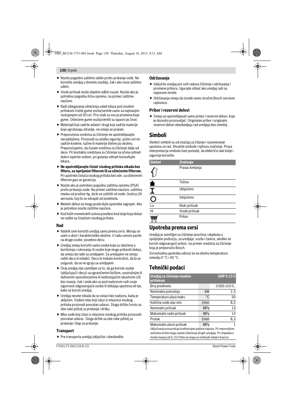 Simboli, Upotreba prema svrsi, Tehnički podaci | Bosch GHP 5-13 C User Manual | Page 130 / 178