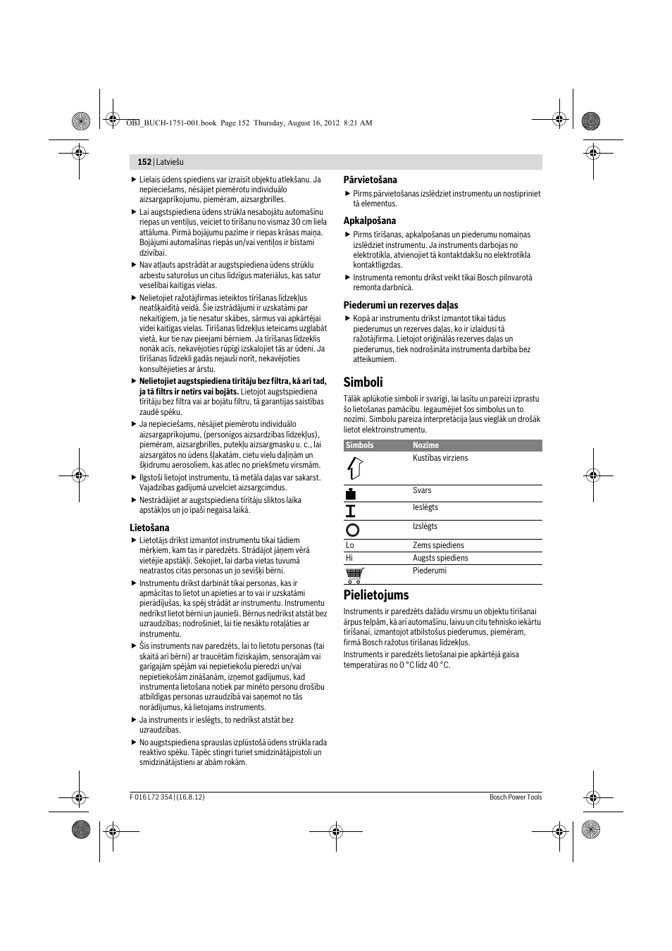 Simboli, Pielietojums | Bosch GHP 5-13 C User Manual | Page 152 / 178