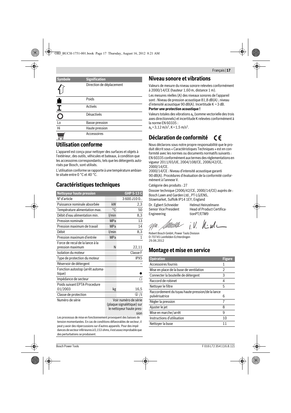 Utilisation conforme, Déclaration de conformité, Montage et mise en service | Bosch GHP 5-13 C User Manual | Page 17 / 178