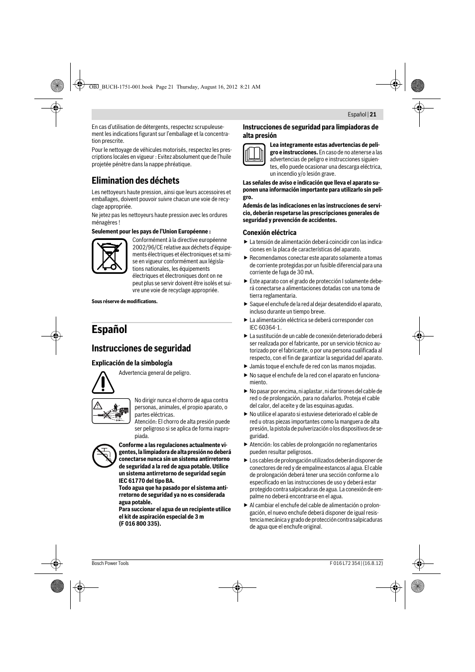 Español, Elimination des déchets, Instrucciones de seguridad | Bosch GHP 5-13 C User Manual | Page 21 / 178