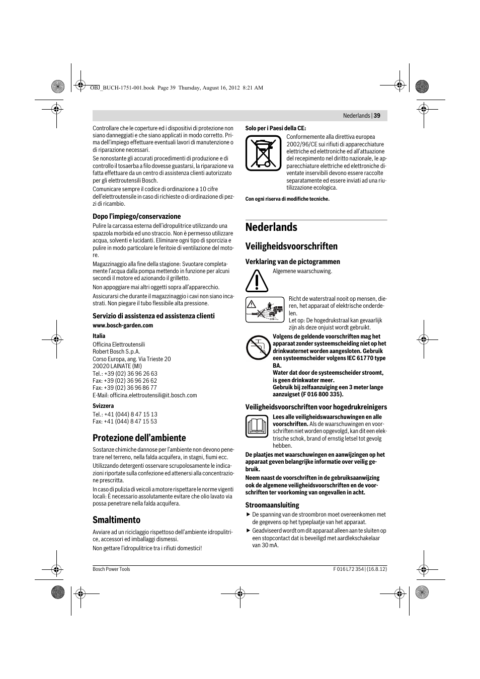 Nederlands, Protezione dell’ambiente, Smaltimento | Veiligheidsvoorschriften | Bosch GHP 5-13 C User Manual | Page 39 / 178