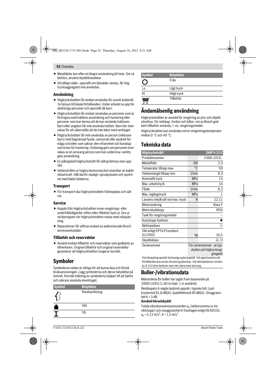 Symboler, Ändamålsenlig användning, Tekniska data buller-/vibrationsdata | Bosch GHP 5-13 C User Manual | Page 52 / 178