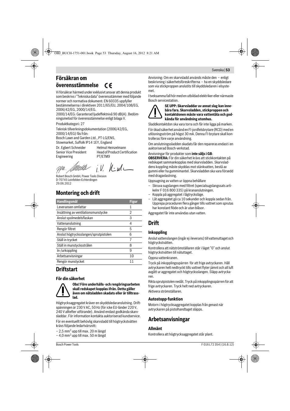 Försäkran om överensstämmelse, Montering och drift driftstart, Drift | Arbetsanvisningar | Bosch GHP 5-13 C User Manual | Page 53 / 178