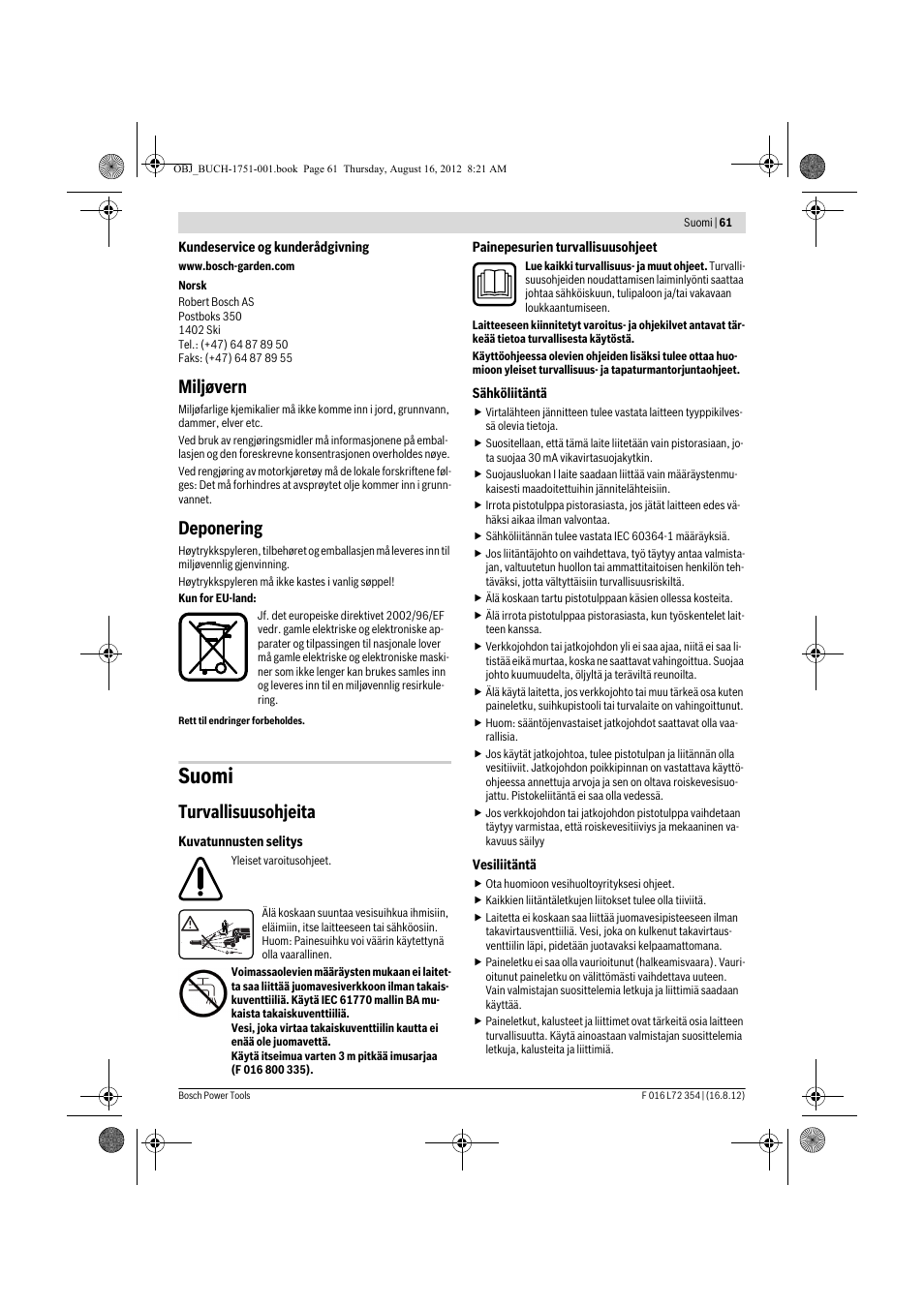 Suomi, Miljøvern, Deponering | Turvallisuusohjeita | Bosch GHP 5-13 C User Manual | Page 61 / 178