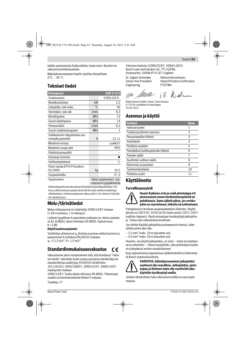 Tekniset tiedot melu-/tärinätiedot, Standardinmukaisuusvakuutus, Asennus ja käyttö käyttöönotto | Bosch GHP 5-13 C User Manual | Page 63 / 178