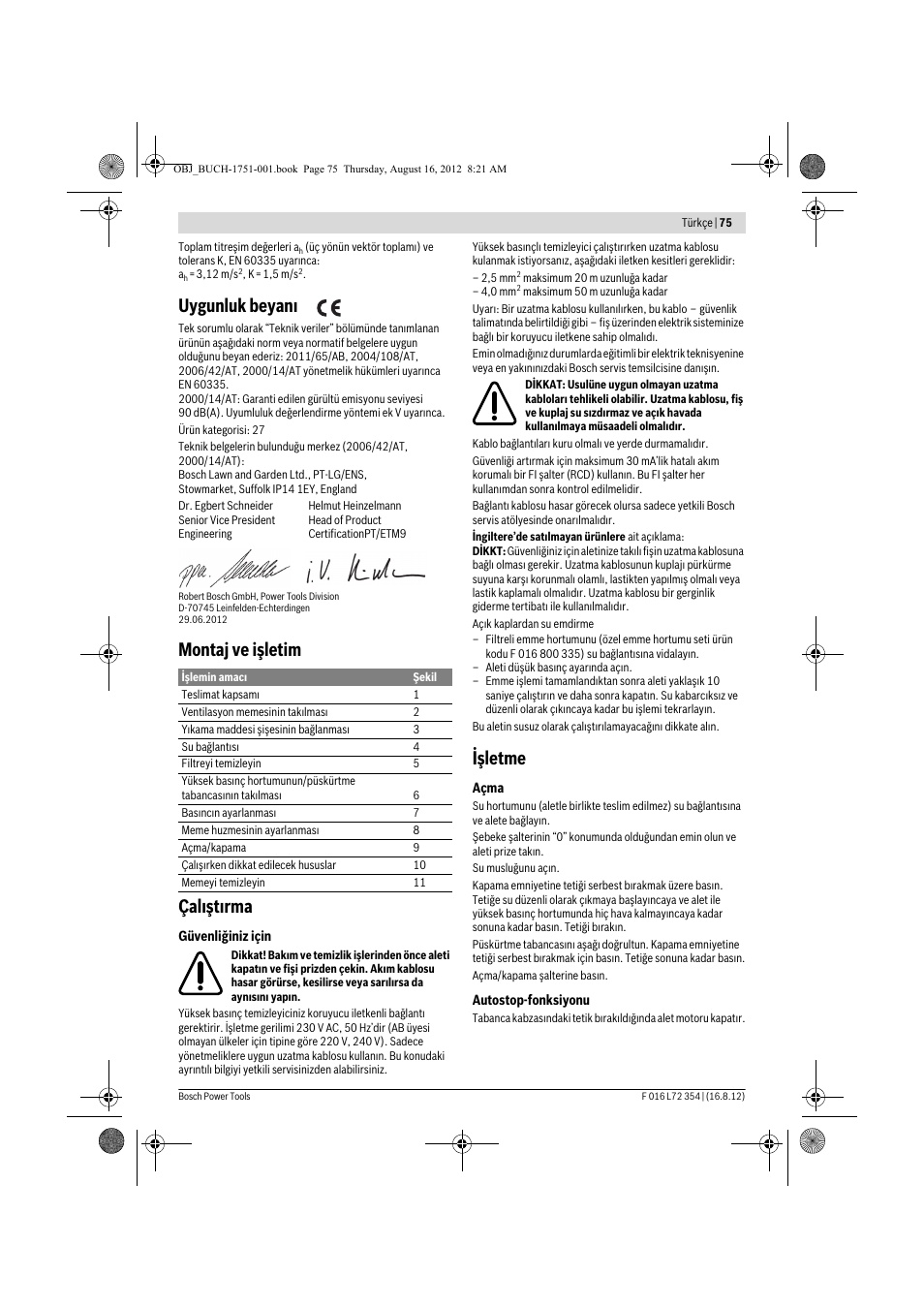 Uygunluk beyan, Montaj ve işletim çal şt rma, Işletme | Bosch GHP 5-13 C User Manual | Page 75 / 178