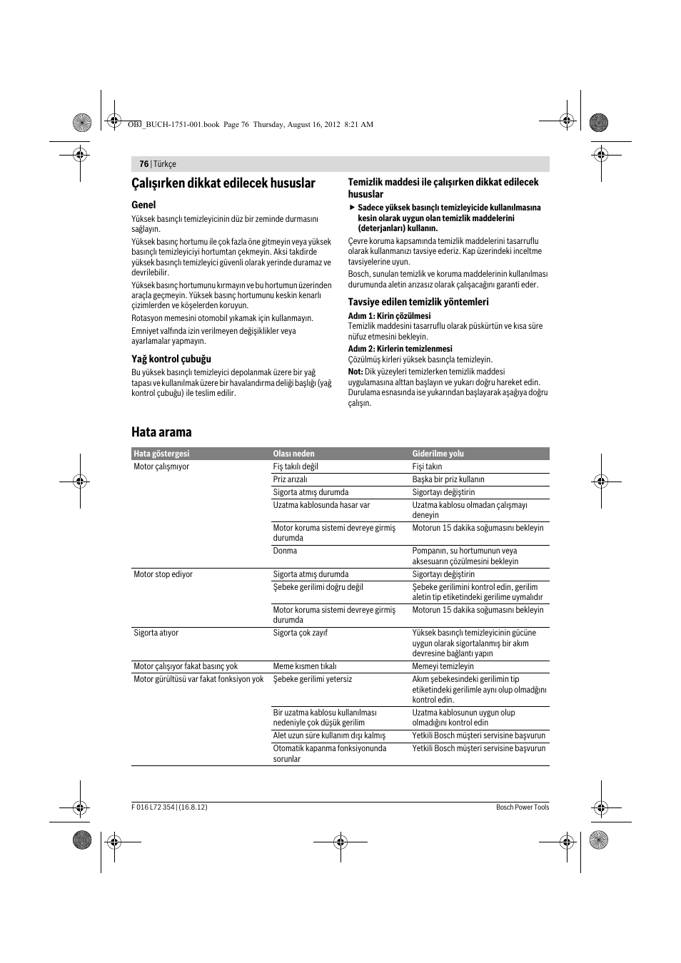 Çal ş rken dikkat edilecek hususlar, Hata arama | Bosch GHP 5-13 C User Manual | Page 76 / 178