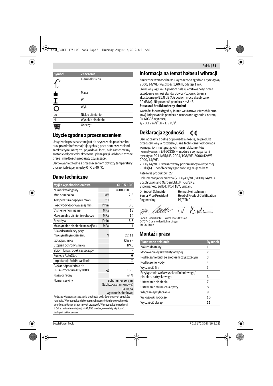 Użycie zgodne z przeznaczeniem, Deklaracja zgodności, Montaż i praca | Bosch GHP 5-13 C User Manual | Page 81 / 178