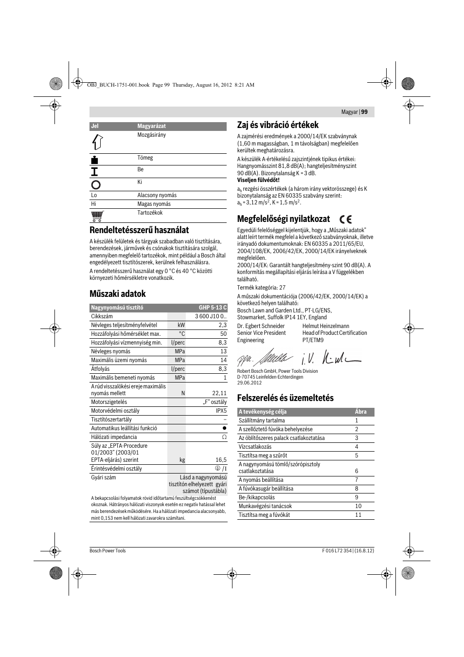 Rendeltetésszerű használat, Műszaki adatok zaj és vibráció értékek, Megfelelőségi nyilatkozat | Felszerelés és üzemeltetés | Bosch GHP 5-13 C User Manual | Page 99 / 178