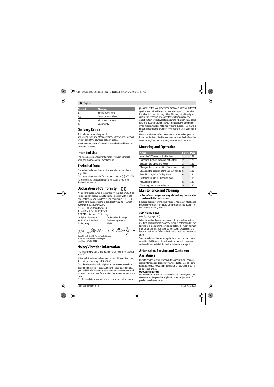 Delivery scope, Intended use, Technical data | Declaration of conformity, Noise/vibration information, Mounting and operation maintenance and cleaning, After-sales service and customer assistance | Bosch GBH 8-45 DV Professional User Manual | Page 10 / 132