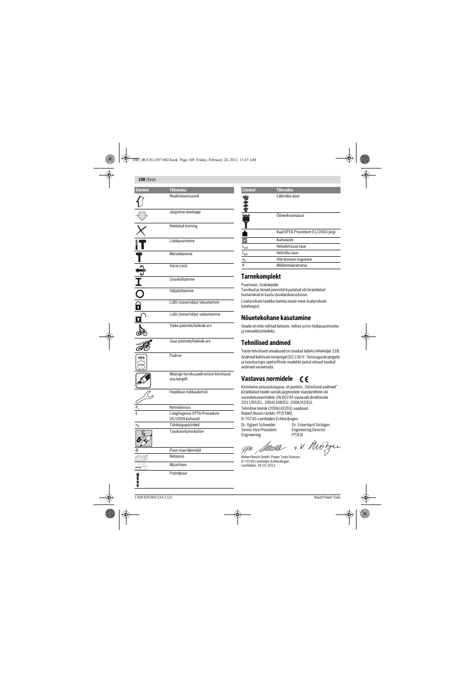 Tarnekomplekt, Nõuetekohane kasutamine, Tehnilised andmed | Vastavus normidele | Bosch GBH 8-45 DV Professional User Manual | Page 108 / 132