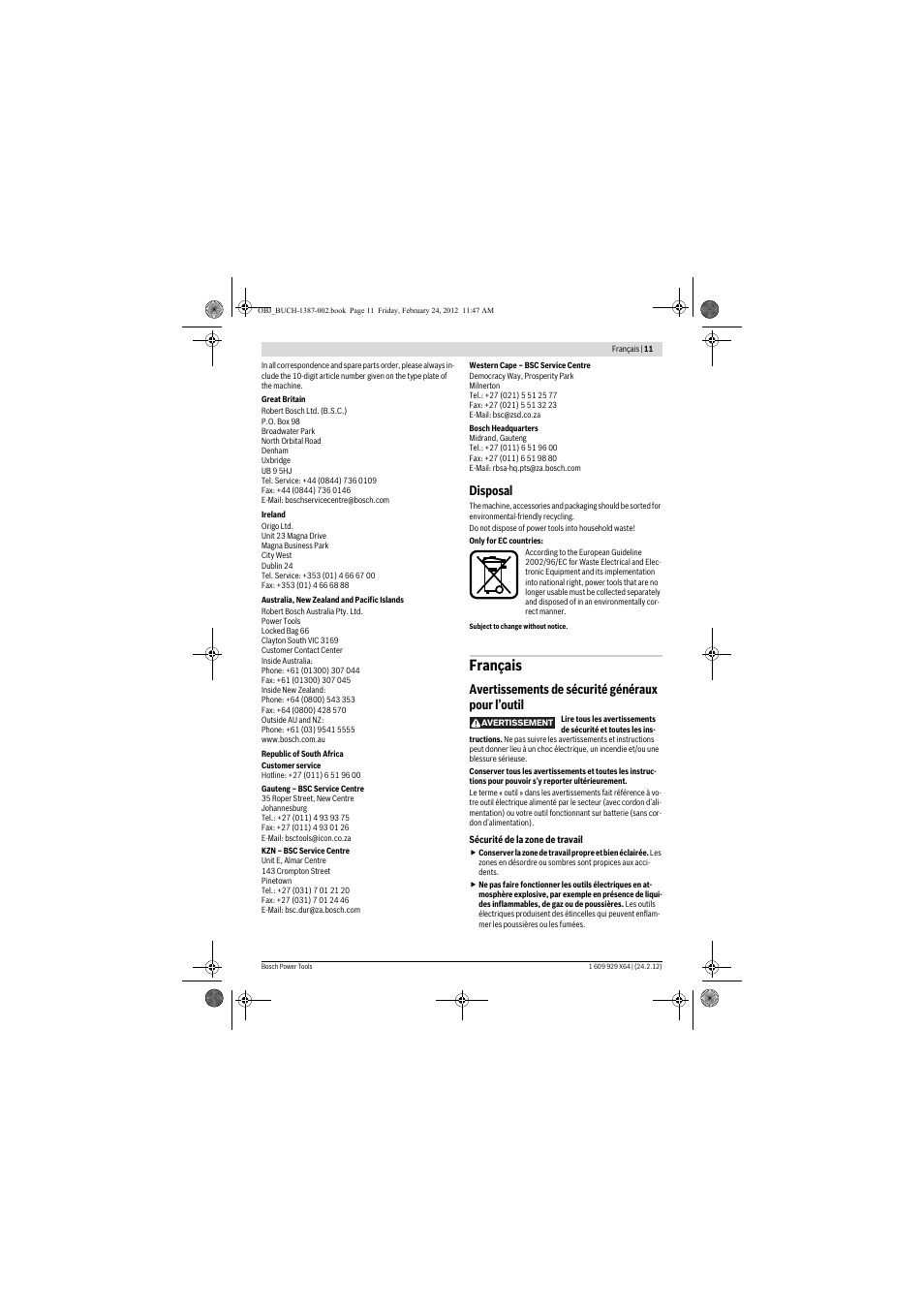 Français, Disposal, Avertissements de sécurité généraux pour l’outil | Bosch GBH 8-45 DV Professional User Manual | Page 11 / 132
