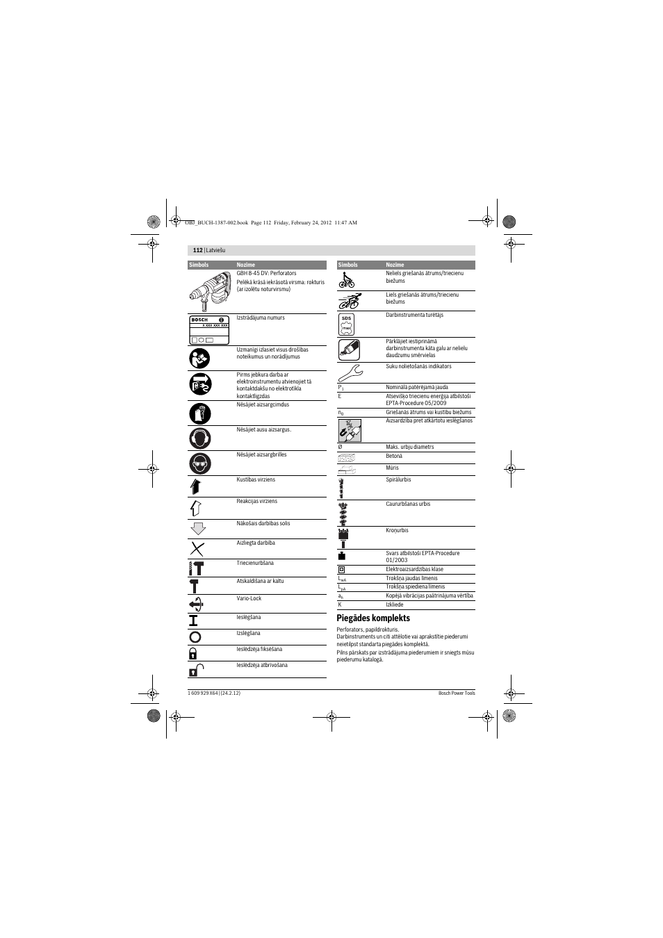 Piegādes komplekts | Bosch GBH 8-45 DV Professional User Manual | Page 112 / 132