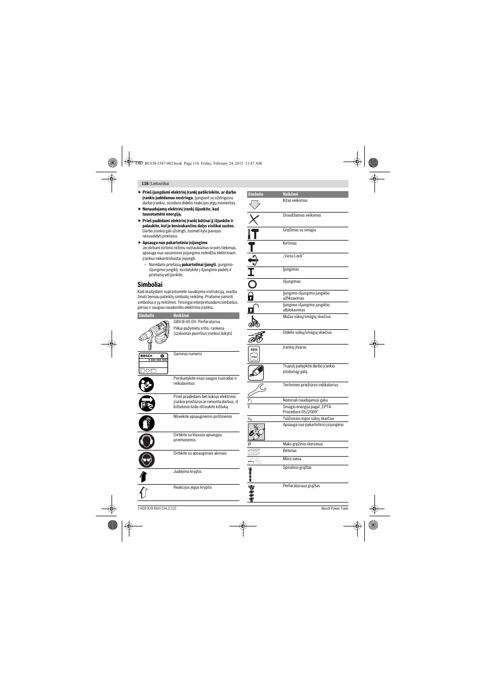 Simboliai | Bosch GBH 8-45 DV Professional User Manual | Page 116 / 132