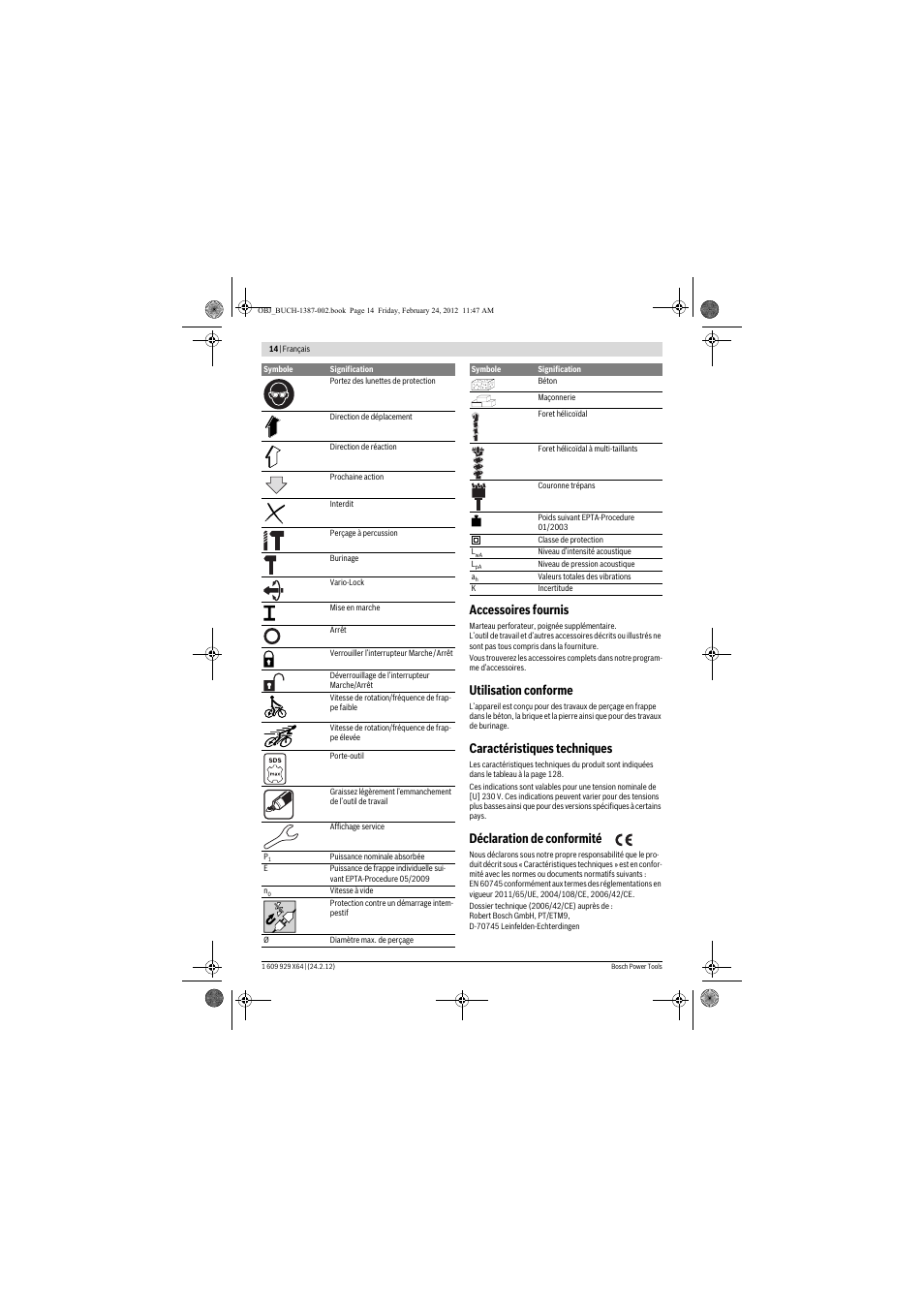 Accessoires fournis, Utilisation conforme, Caractéristiques techniques | Déclaration de conformité | Bosch GBH 8-45 DV Professional User Manual | Page 14 / 132