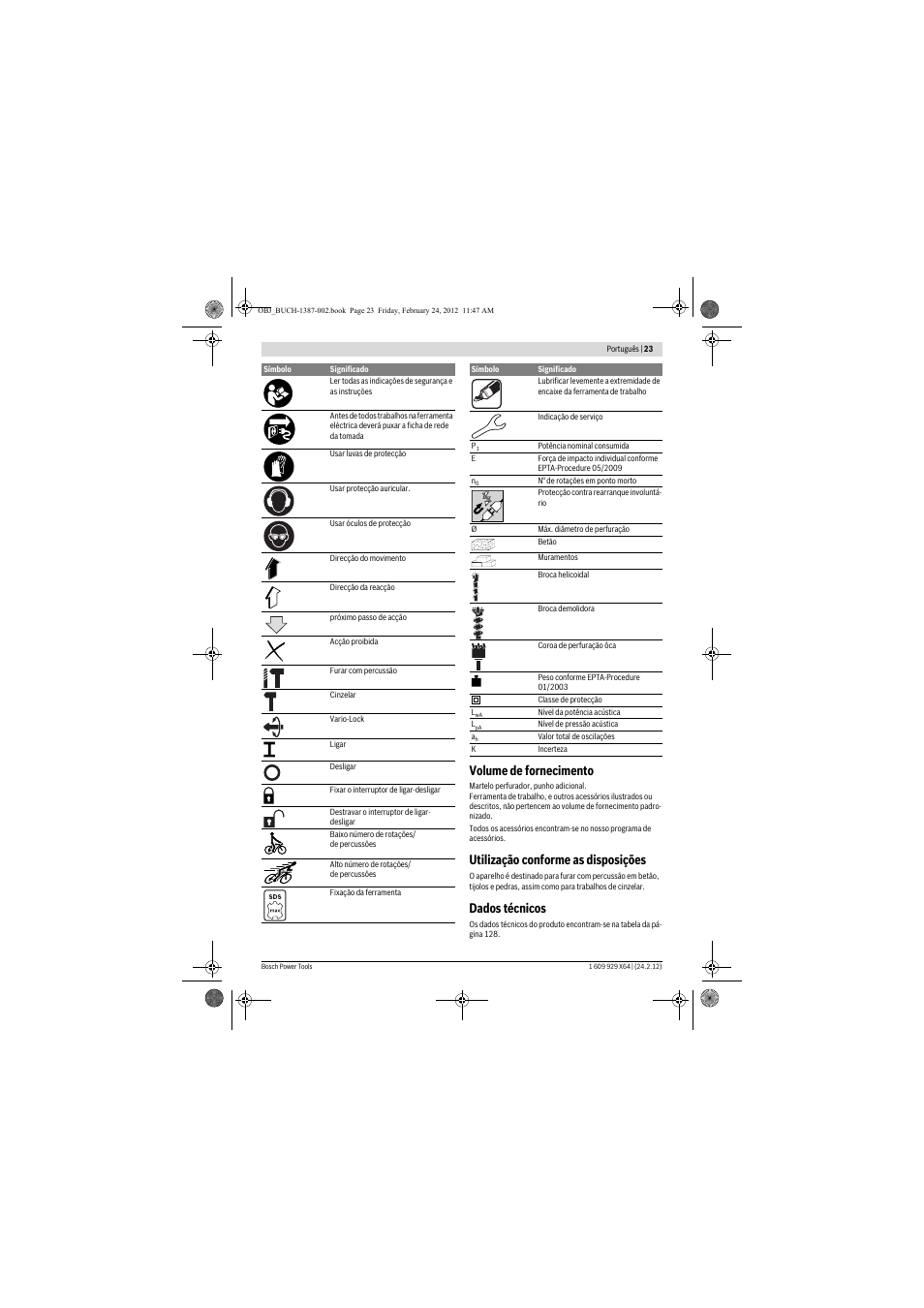 Volume de fornecimento, Utilização conforme as disposições, Dados técnicos | Bosch GBH 8-45 DV Professional User Manual | Page 23 / 132