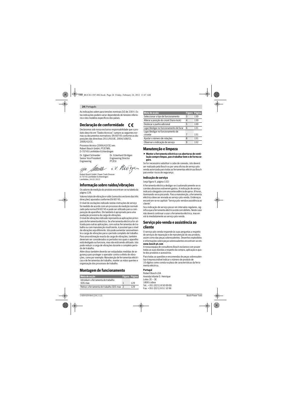 Declaração de conformidade, Informação sobre ruídos/vibrações, Montagem de funcionamento manutenção e limpeza | Serviço pós-venda e assistência ao cliente | Bosch GBH 8-45 DV Professional User Manual | Page 24 / 132