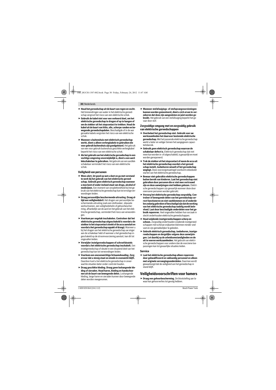Veiligheidsvoorschriften voor hamers | Bosch GBH 8-45 DV Professional User Manual | Page 30 / 132