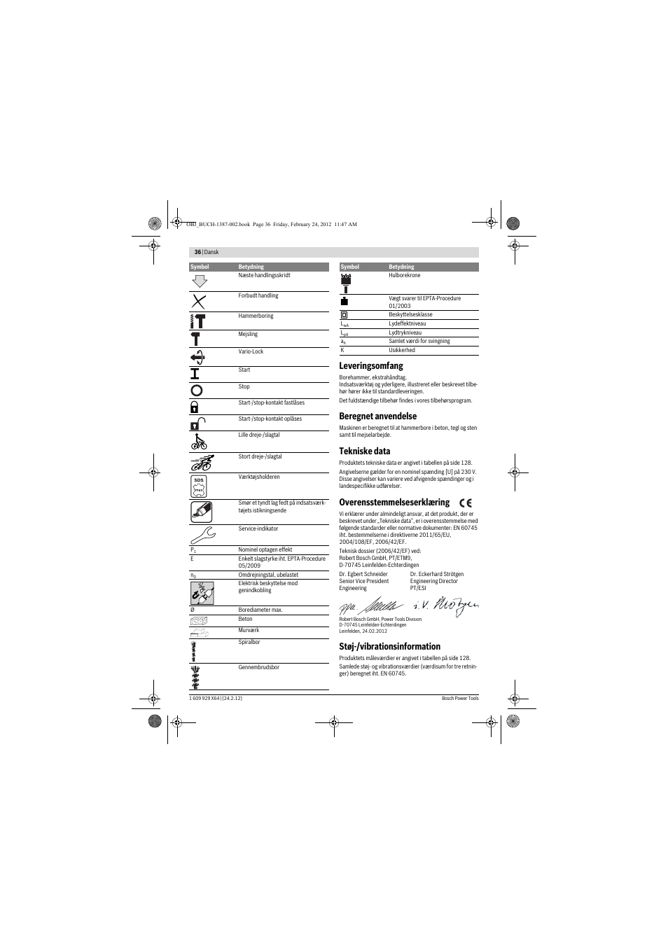 Leveringsomfang, Beregnet anvendelse, Tekniske data | Overensstemmelseserklæring, Støj-/vibrationsinformation | Bosch GBH 8-45 DV Professional User Manual | Page 36 / 132