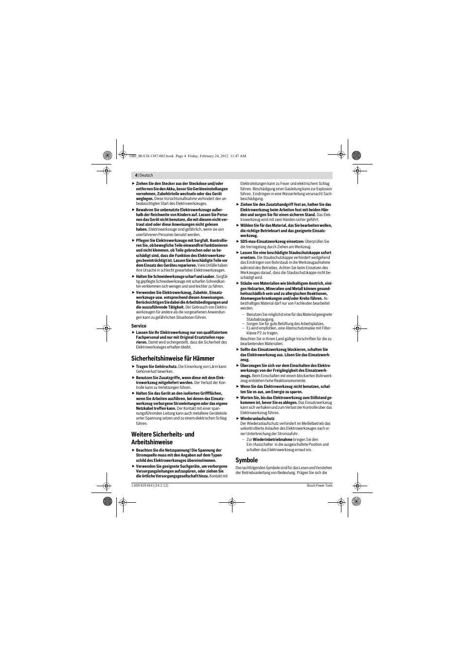 Sicherheitshinweise für hämmer, Weitere sicherheits- und arbeitshinweise, Symbole | Bosch GBH 8-45 DV Professional User Manual | Page 4 / 132