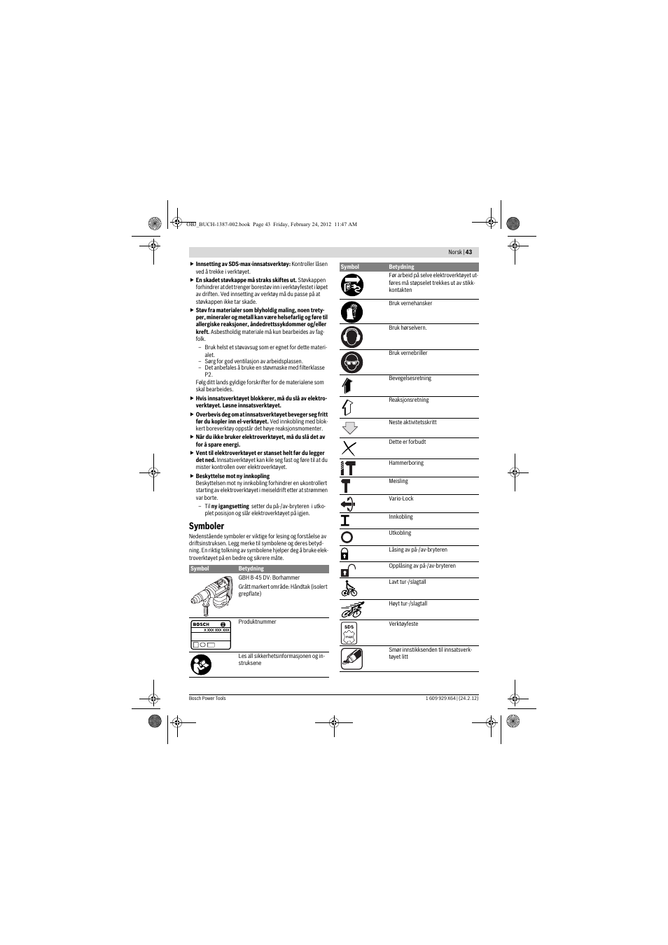 Symboler | Bosch GBH 8-45 DV Professional User Manual | Page 43 / 132