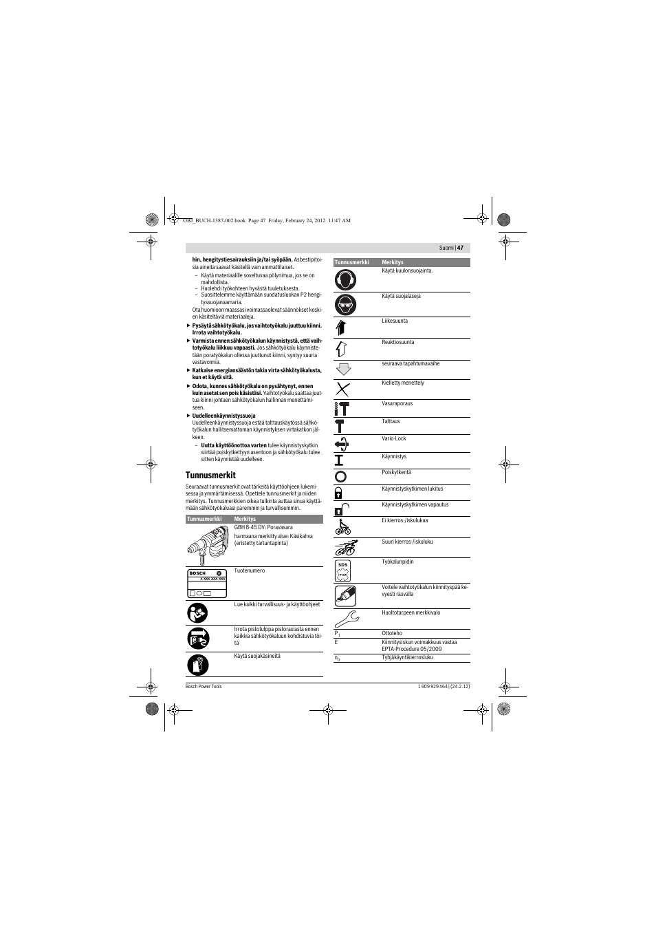 Tunnusmerkit | Bosch GBH 8-45 DV Professional User Manual | Page 47 / 132