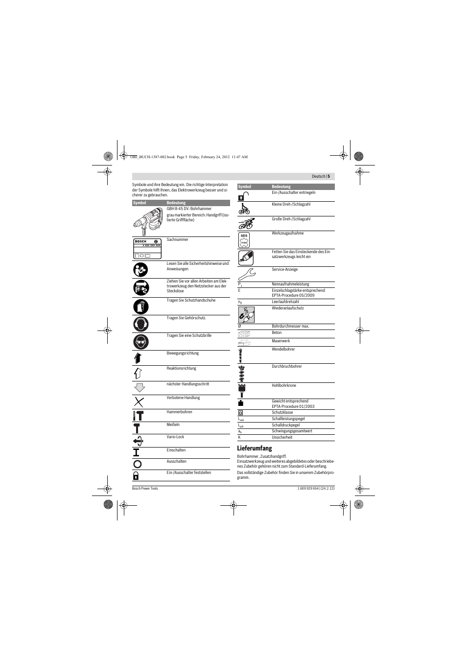 Lieferumfang | Bosch GBH 8-45 DV Professional User Manual | Page 5 / 132