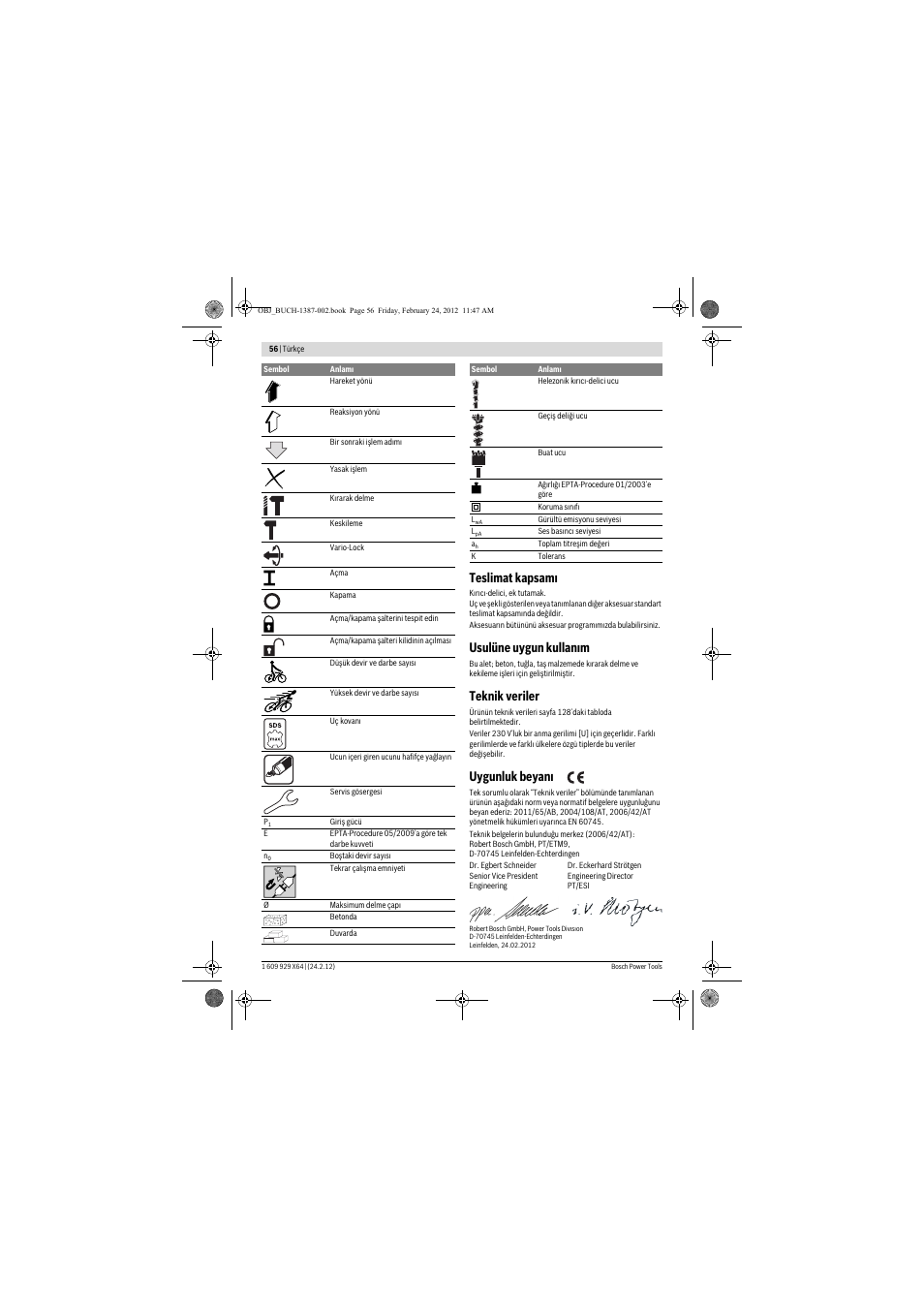 Teslimat kapsam, Usulüne uygun kullan m, Teknik veriler | Uygunluk beyan | Bosch GBH 8-45 DV Professional User Manual | Page 56 / 132