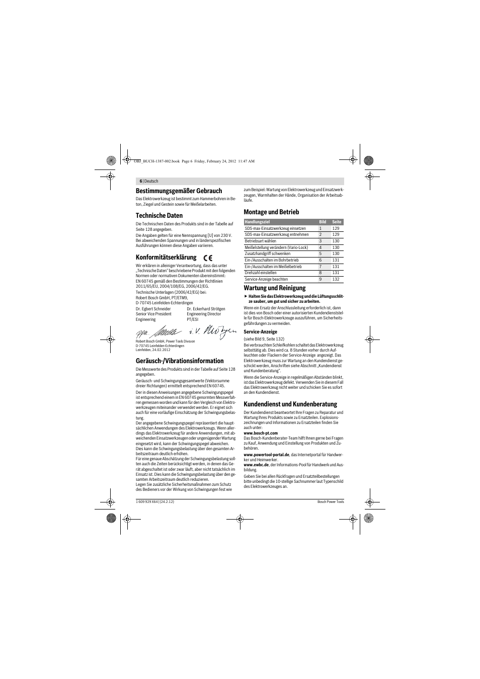 Bestimmungsgemäßer gebrauch, Technische daten, Konformitätserklärung | Geräusch-/vibrationsinformation, Montage und betrieb wartung und reinigung, Kundendienst und kundenberatung | Bosch GBH 8-45 DV Professional User Manual | Page 6 / 132