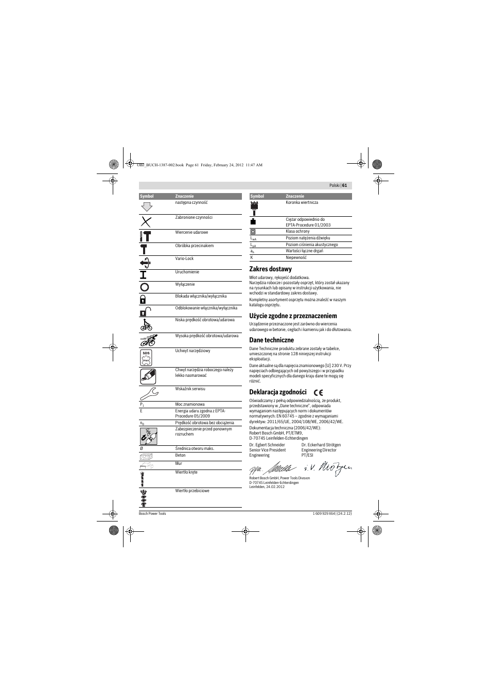 Zakres dostawy, Użycie zgodne z przeznaczeniem, Dane techniczne | Deklaracja zgodności | Bosch GBH 8-45 DV Professional User Manual | Page 61 / 132