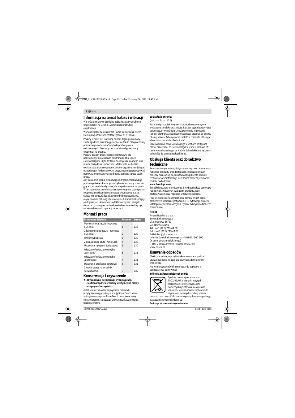 Informacja na temat hałasu i wibracji, Montaż i praca konserwacja i czyszczenie, Obsługa klienta oraz doradztwo techniczne | Usuwanie odpadów | Bosch GBH 8-45 DV Professional User Manual | Page 62 / 132