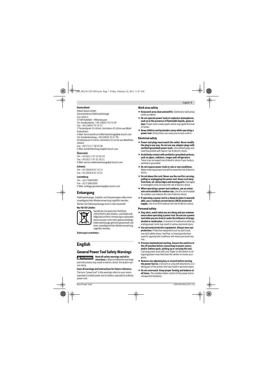 English, Entsorgung, General power tool safety warnings | Bosch GBH 8-45 DV Professional User Manual | Page 7 / 132