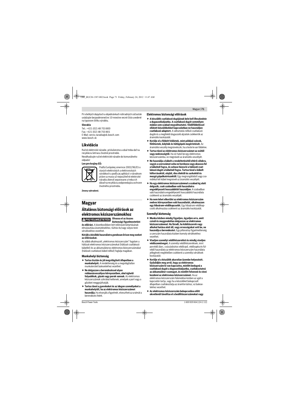 Magyar, Likvidácia | Bosch GBH 8-45 DV Professional User Manual | Page 71 / 132
